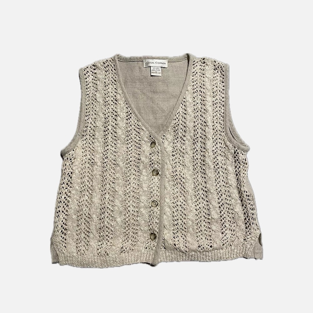 VTG 90s Crochet Knit Crop Vest Women's Small Beige Cottagecore Linen Blend - Picture 2 of 4
